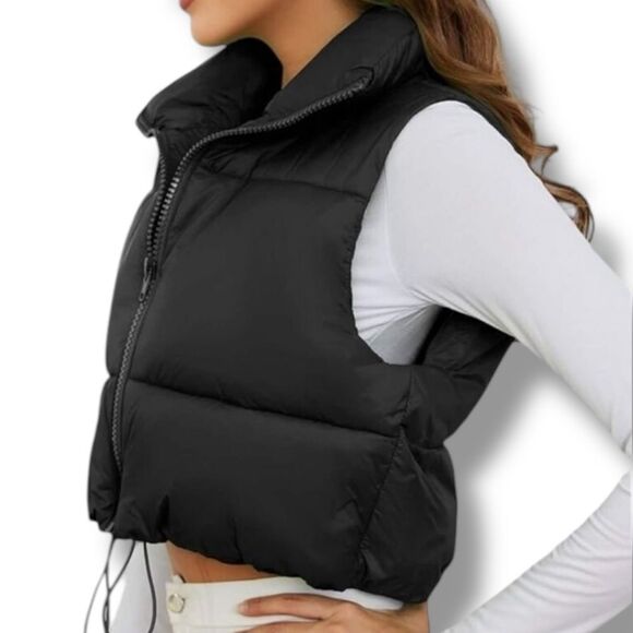 Black Puffer Vest Tall Collar Front Zipper NEW - Picture 3 of 3